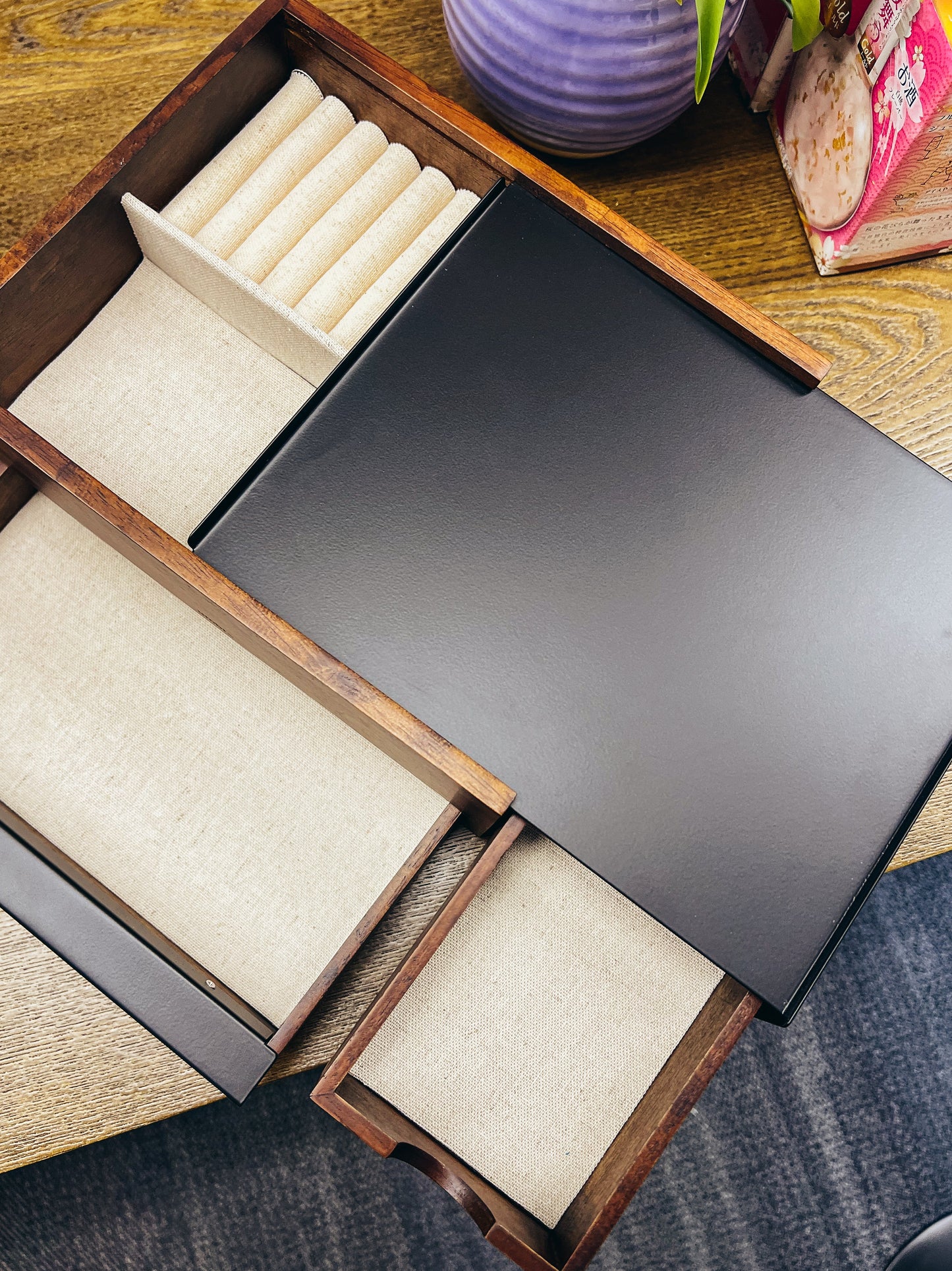 Walnut Wood Jewelry Box with Offset Drawer Design