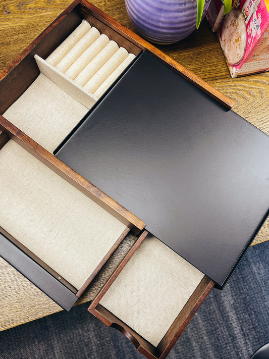 Walnut Wood Jewelry Box with Offset Drawer Design
