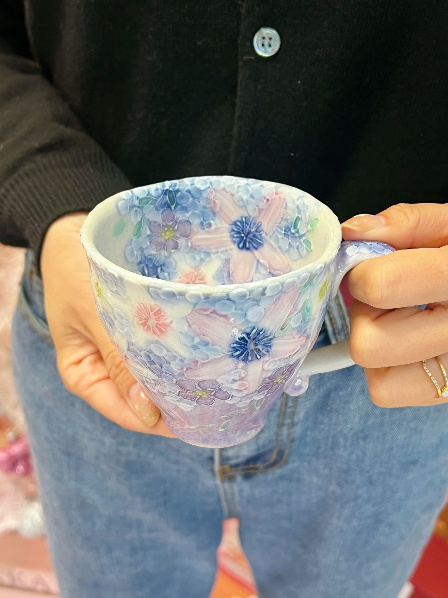 Japan Budo Kiln Seto Ware Hand-Painted Floral Mug – “Colorful Violet Blossoms” (No. 47044)