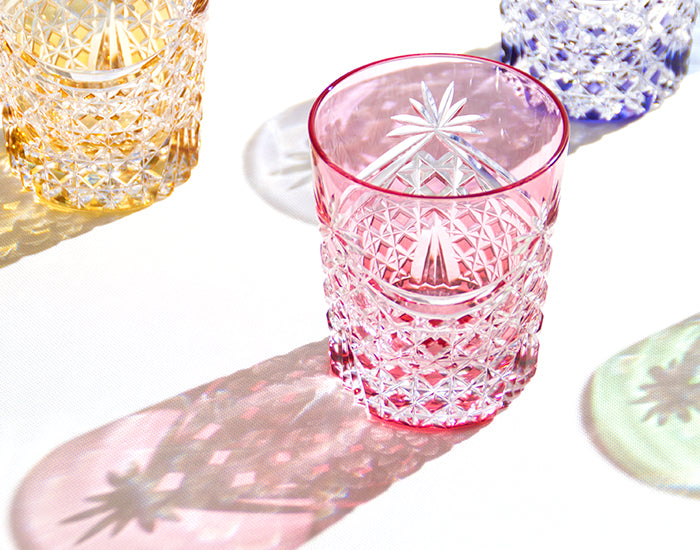Yamada Edo Kiriko Rock Glass – “Lattice Drapery” Red Cut Glass