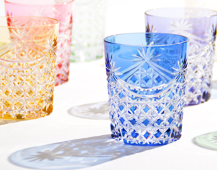 Yamada Edo Kiriko Rock Glass – “Lattice Drapery” Blue Cut Glass