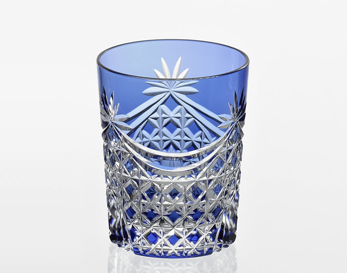 Yamada Edo Kiriko Rock Glass – “Lattice Drapery” Blue Cut Glass