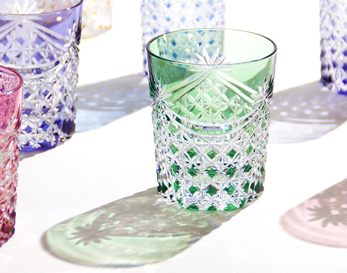 Yamada Edo Kiriko Rock Glass – “Lattice Drapery” Green Cut Glass
