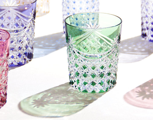 Yamada Edo Kiriko Rock Glass – “Lattice Drapery” Green Cut Glass