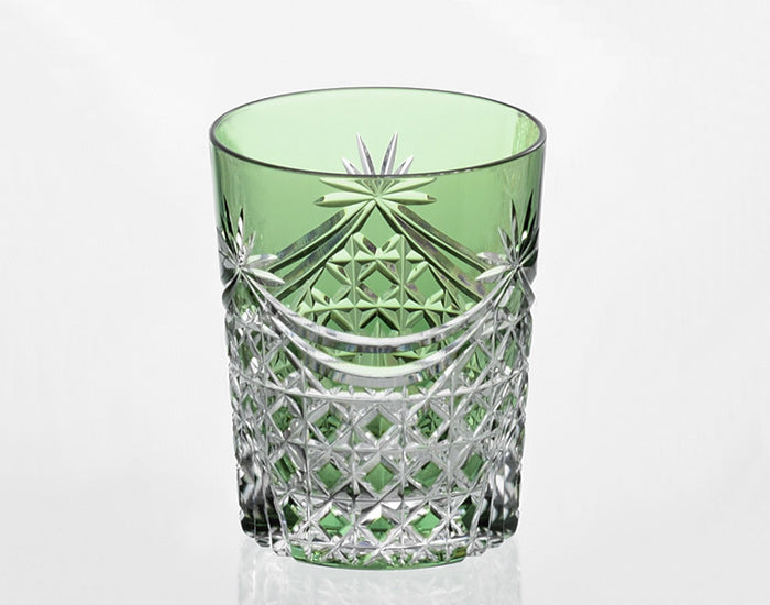 Yamada Edo Kiriko Rock Glass – “Lattice Drapery” Green Cut Glass