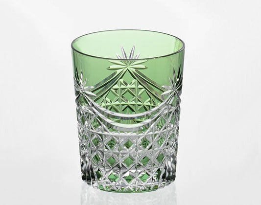 Yamada Edo Kiriko Rock Glass – “Lattice Drapery” Green Cut Glass
