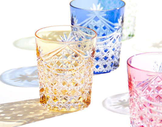 Yamada Edo Kiriko Rock Glass – “Lattice Drapery” Pale Yellow