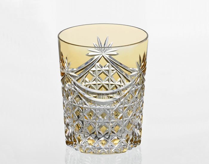 Yamada Edo Kiriko Rock Glass – “Lattice Drapery” Pale Yellow