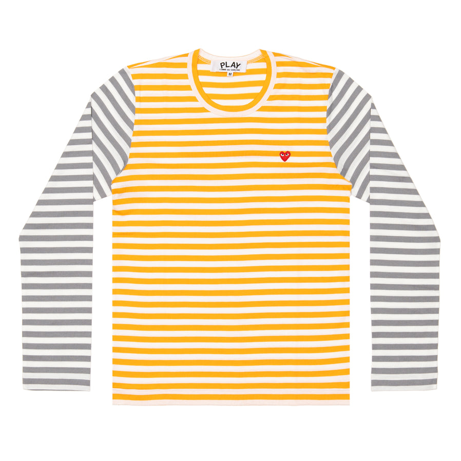 【Ms. PLAY】Play Comme Des Garçons Small Red Heart Striped L/S T-Shirt (Yellow X Gray) / PLAY Striped Longsleeve  （The size is small, after washing will also shrink try to buy big Oh!）