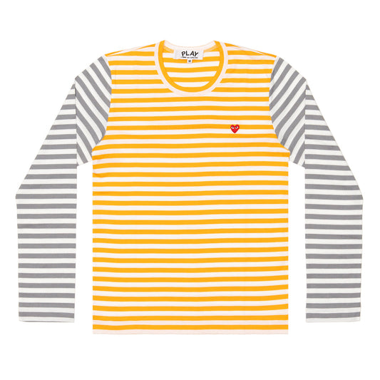【Ms. PLAY】Play Comme Des Garçons Small Red Heart Striped L/S T-Shirt (Yellow X Gray) / PLAY Striped Longsleeve (The size is small, after washing will also shrink try to buy big Oh!)