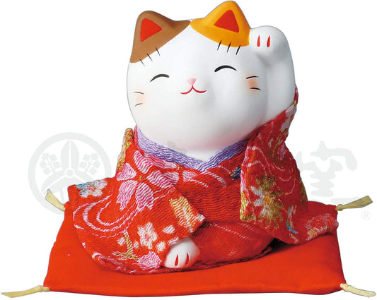 Yakushigama, Maneki Neko Beckoning Cat，Lucky Cat,left hand up fortune cat approx. 7cm high #7357