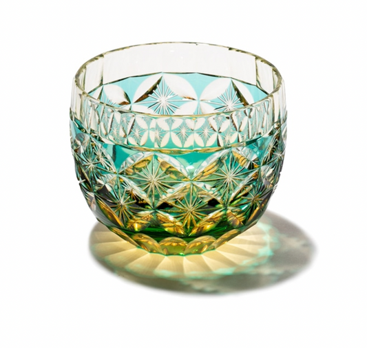 Japanese Yamada Glass - Edo Kiriko Chilled Sake Cup, Amber Twisted Glass, Chrysanthemum Shippo Pattern【5 Colors】