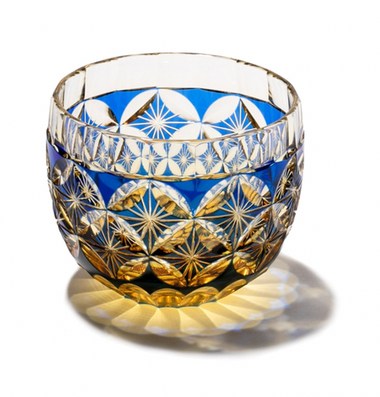 Japanese Yamada Glass - Edo Kiriko Chilled Sake Cup, Amber Twisted Glass, Chrysanthemum Shippo Pattern【5 Colors】