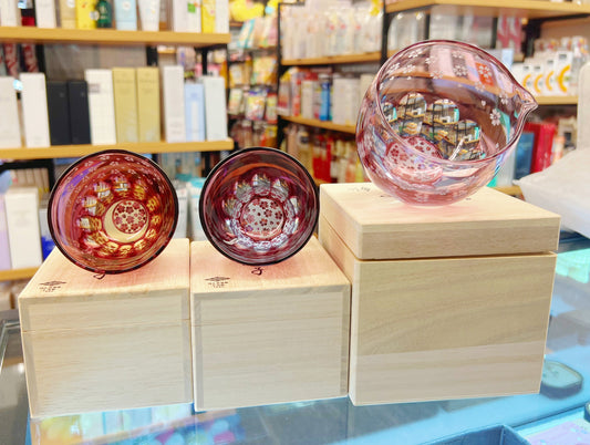 Japanese Edo GLASS-LAB Sand-Cut Sakura Sake Ware