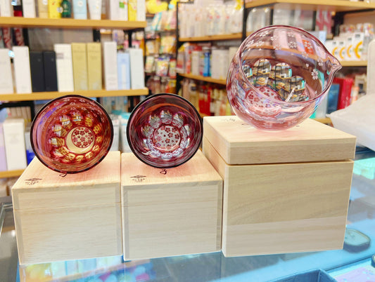 Japanese Edo GLASS-LAB Sand-Cut Sakura Sake Ware